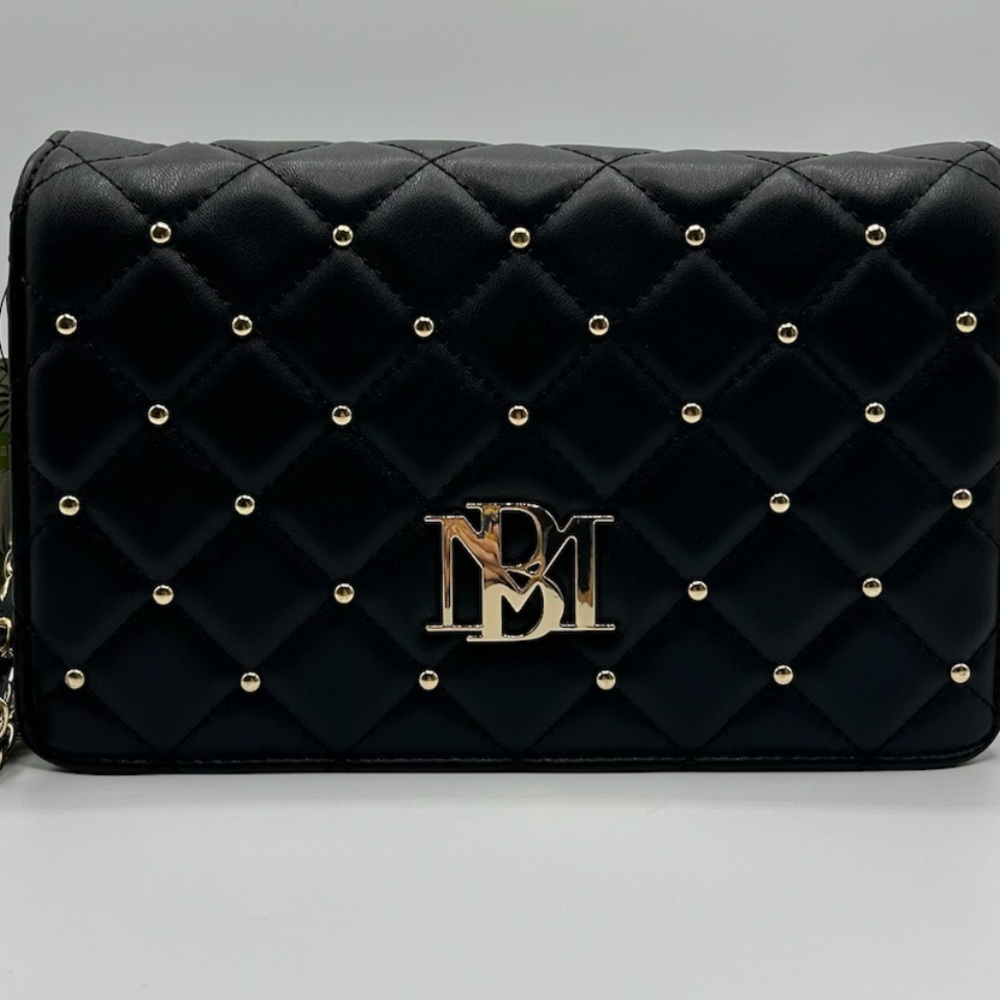 Authentic Badgley Mischka Vegan Leather Black Quilted Bag with Gold Accents